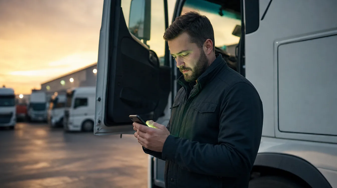 Sürücü, alacakaranlıkta tırının yanında Loggerise Driver uygulamasını kullanıyor